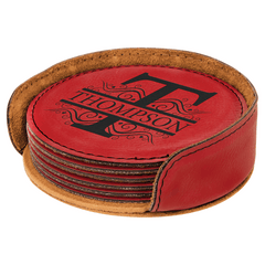 4" Round Engraved Leatherette 6-Coaster Set